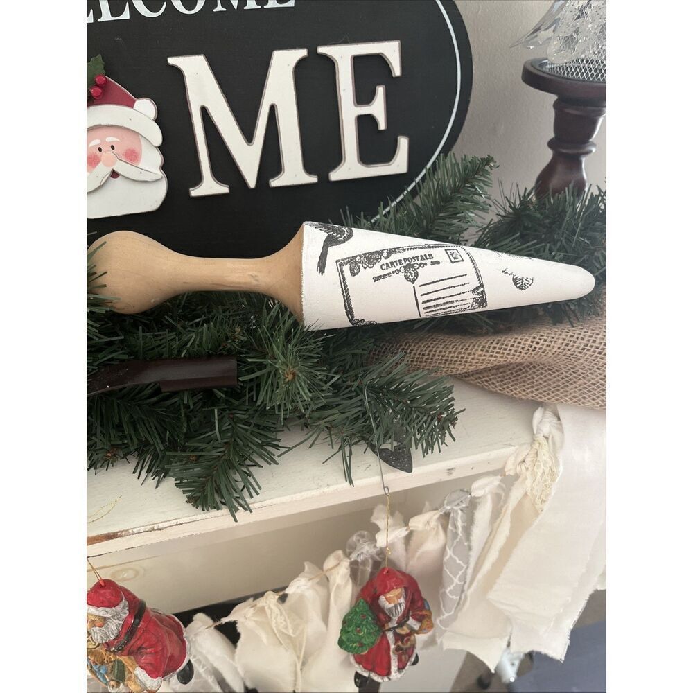 Up Cycled Alabaster Painted Black Stenciled Wooden Rolling Pin Farmhouse Decor